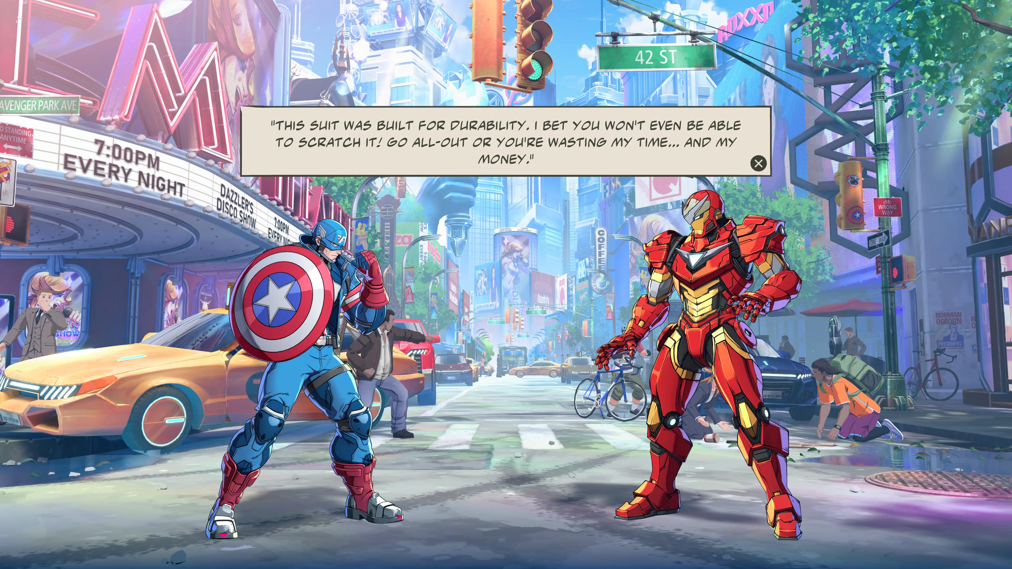 MARVEL Tōkon: Fighting Souls_Kapteeni Amerikka ja Rautamies keskustelevat kaupungilla hyvässä hengessä