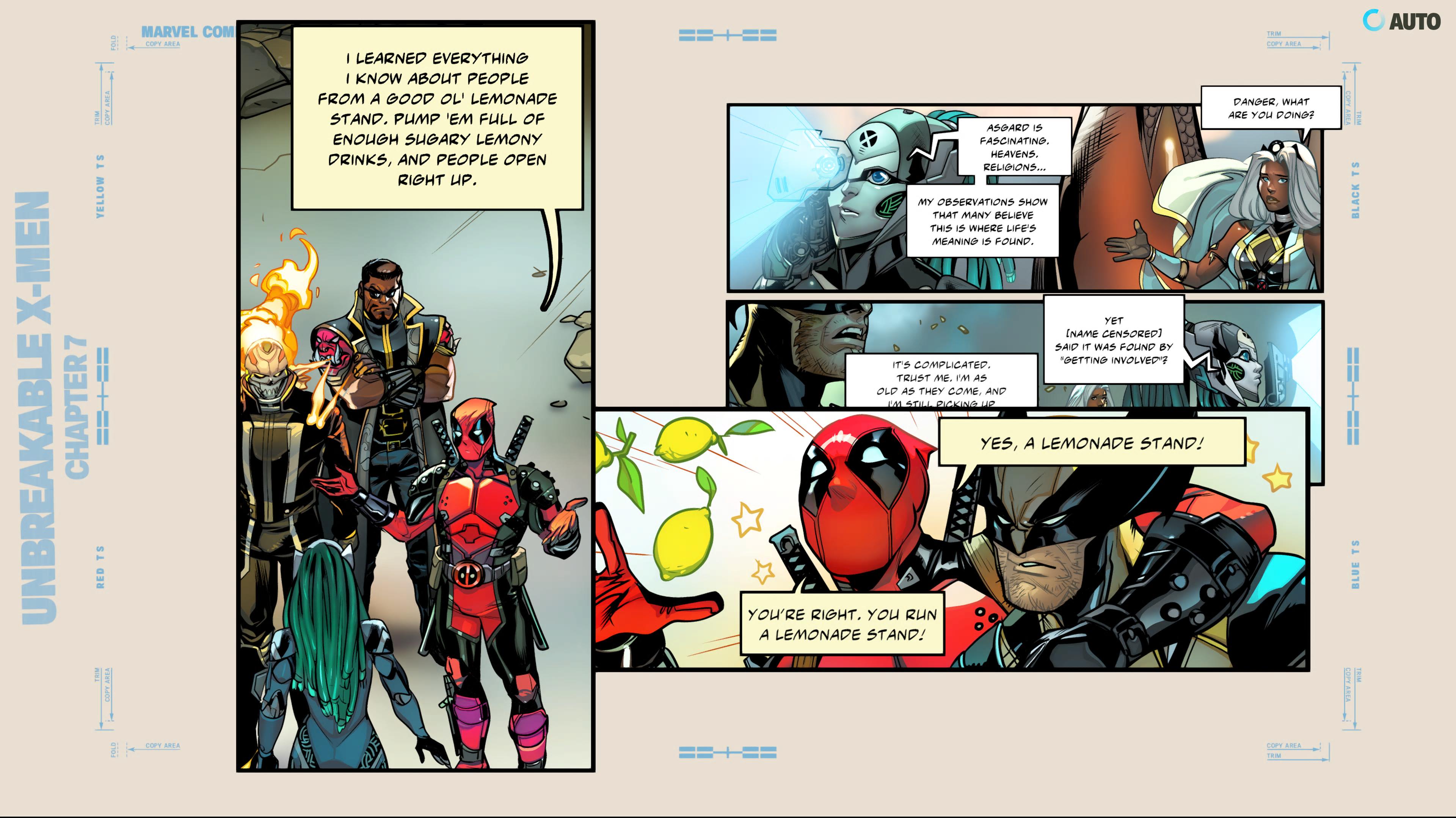 MARVEL Tōkon: Fighting Souls_Sarjakuvakohtaus, jossa Deadpool väittää oppineensa kaiken limonadiständin ihmisiltä