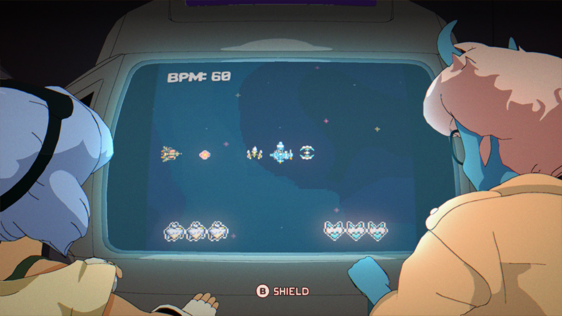 Orbitals - Pääsankarit pelaamassa arcade-peliä