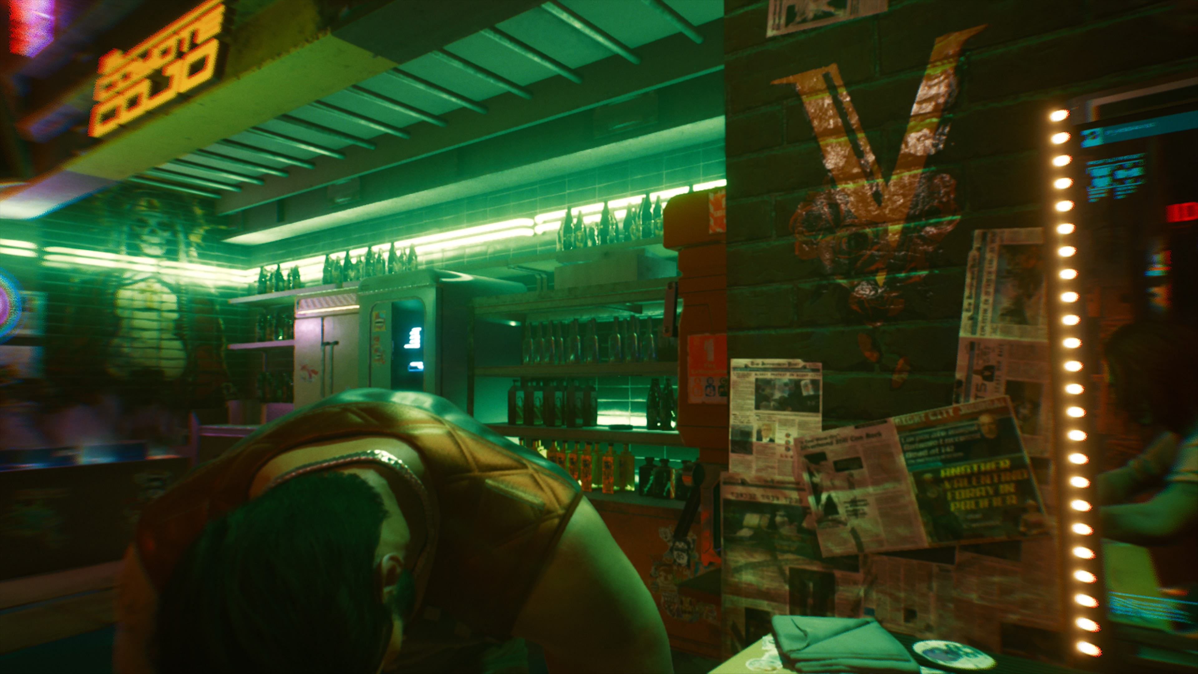 Cyberpunk 2077 huono kuva baaritiskin notkumisesta