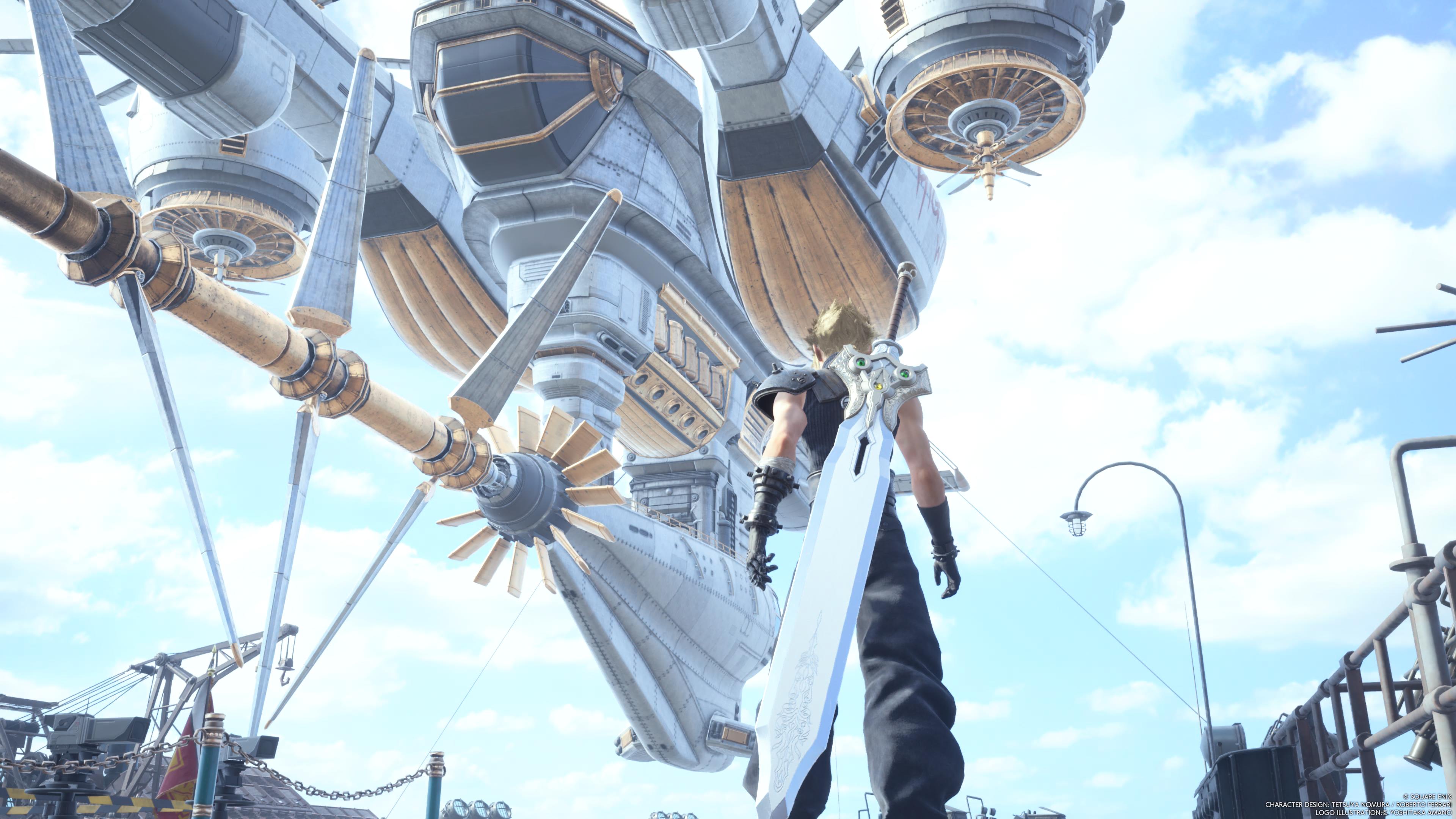 Final Fantasy VII Rebirth, kuvassa Cloud etualalla seisomassa valtavan ilmalaivan, Highwindin, alla.