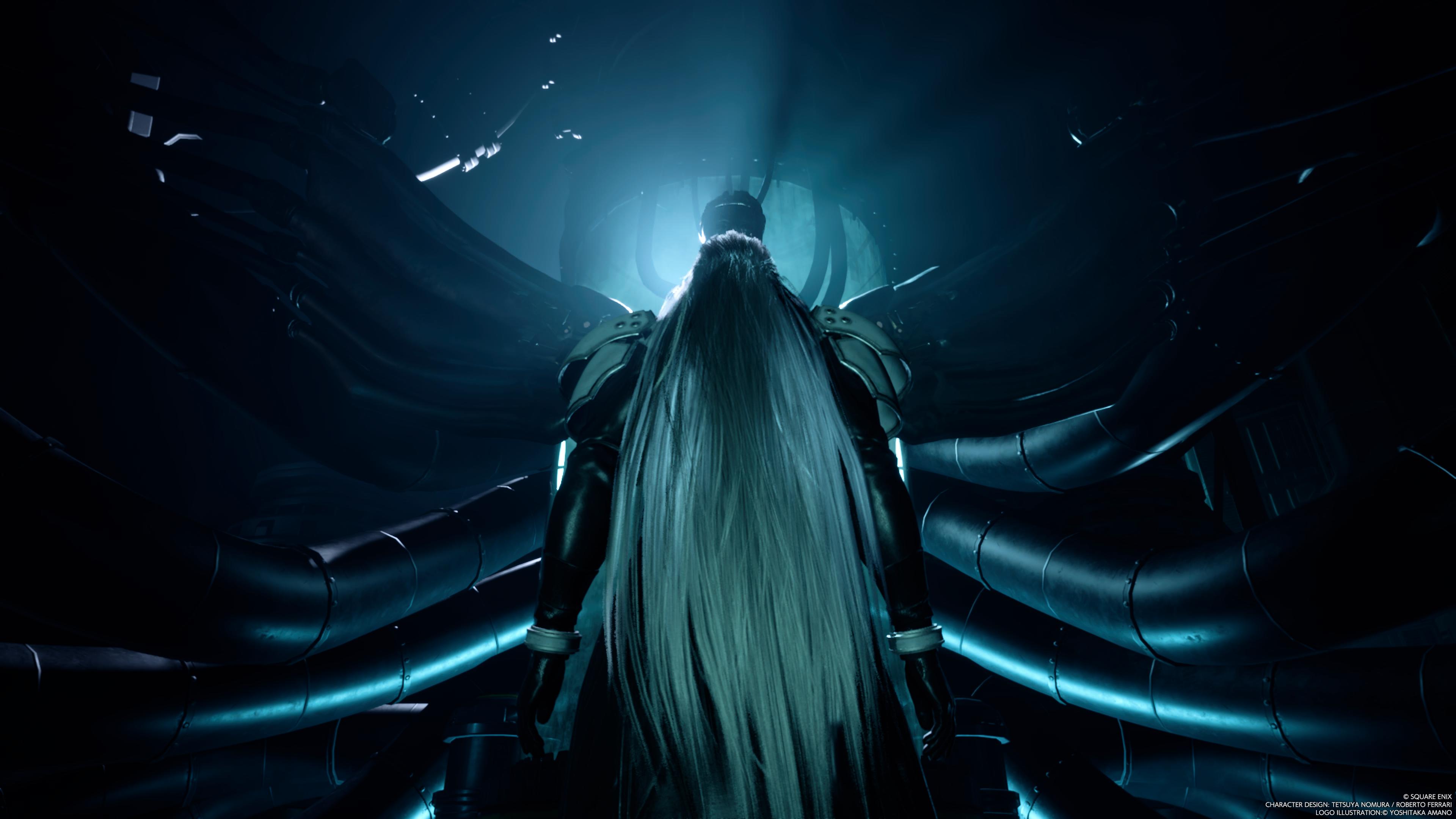 Final Fantasy VII Rebirth, kuvassa Sephiroth selkä kameraa kohti. Taustalla Jenova vahvan taustavalon edessä.