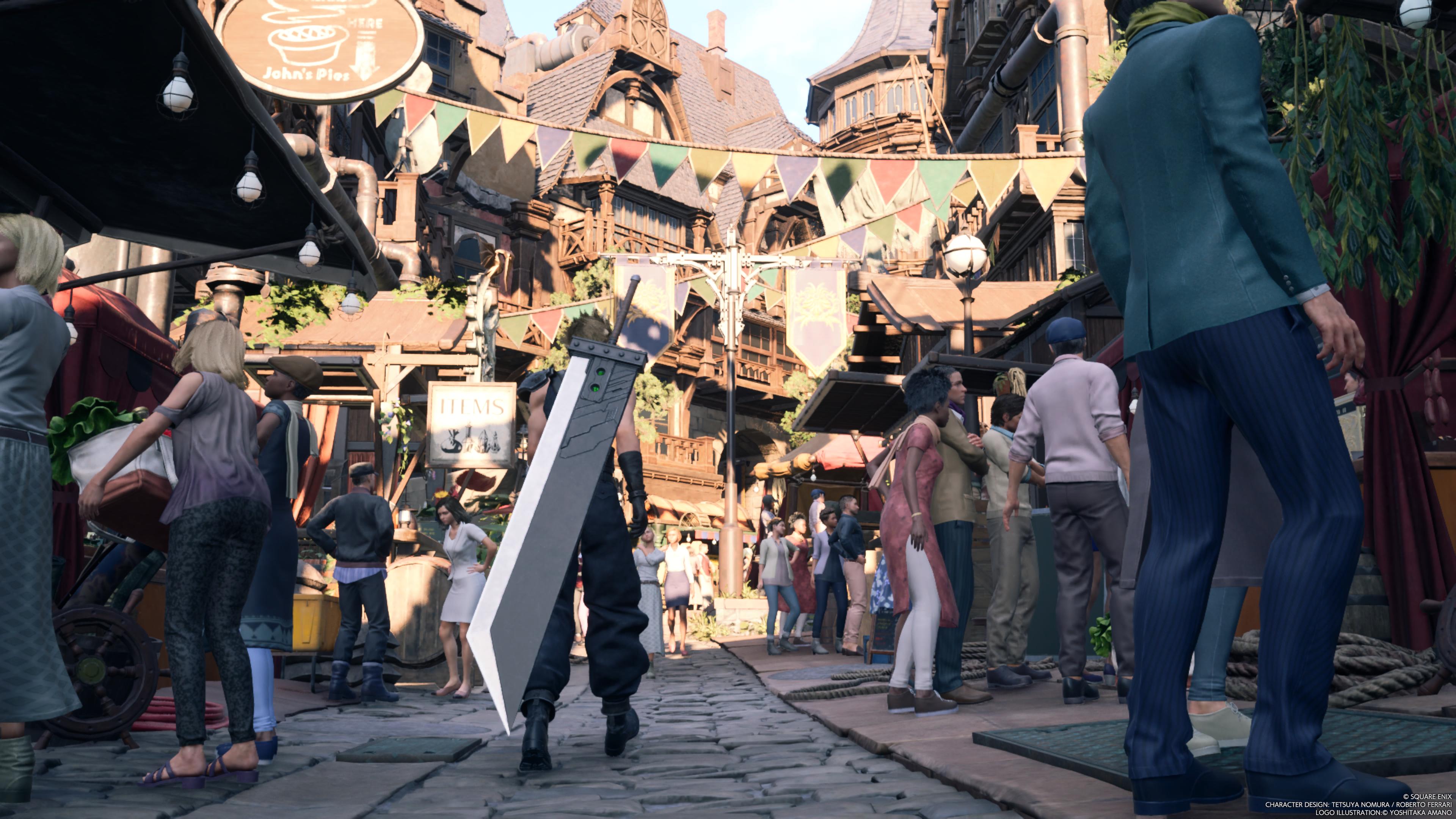 Final Fantasy VII Rebirth, kuvassa Cloud vilkkaan kaupungin sykkeessä. Etualalla ihmisiä katsomassa kojuja, taustalla suuria rakennuksia kylpemässä auringonvalossa.