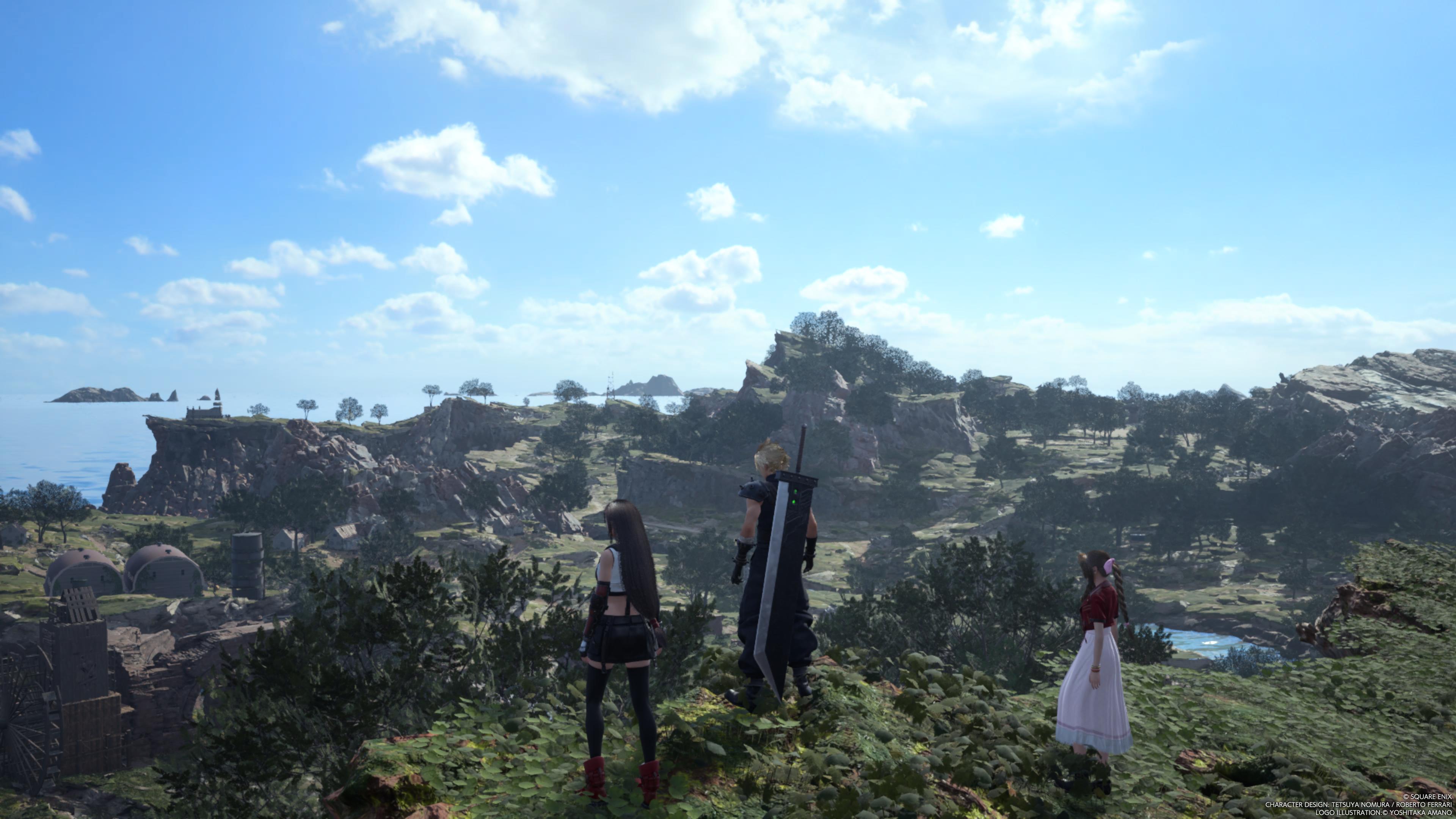 Final Fantasy VII Rebirth, kuvassa Tifa, Cloud ja Aerith kielekkeellä vihreän maiseman edessä. Taustalla näkyy meri.