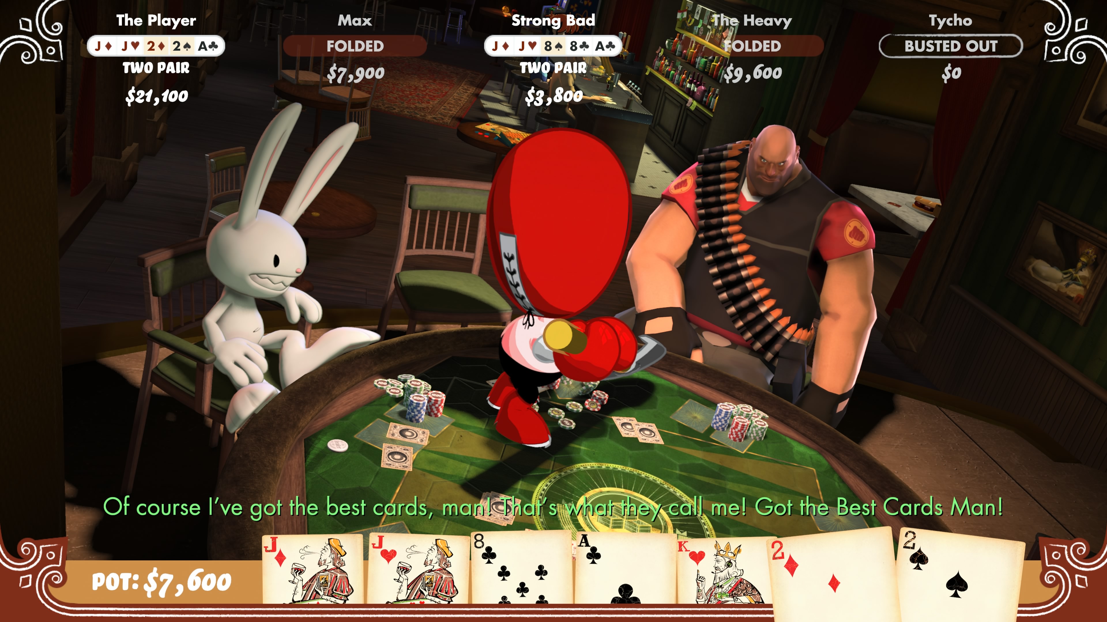 Strong Bad seisoo pokeripöydällä ja kauhoo lapiolla pelimerkkejä omalle paikalleen