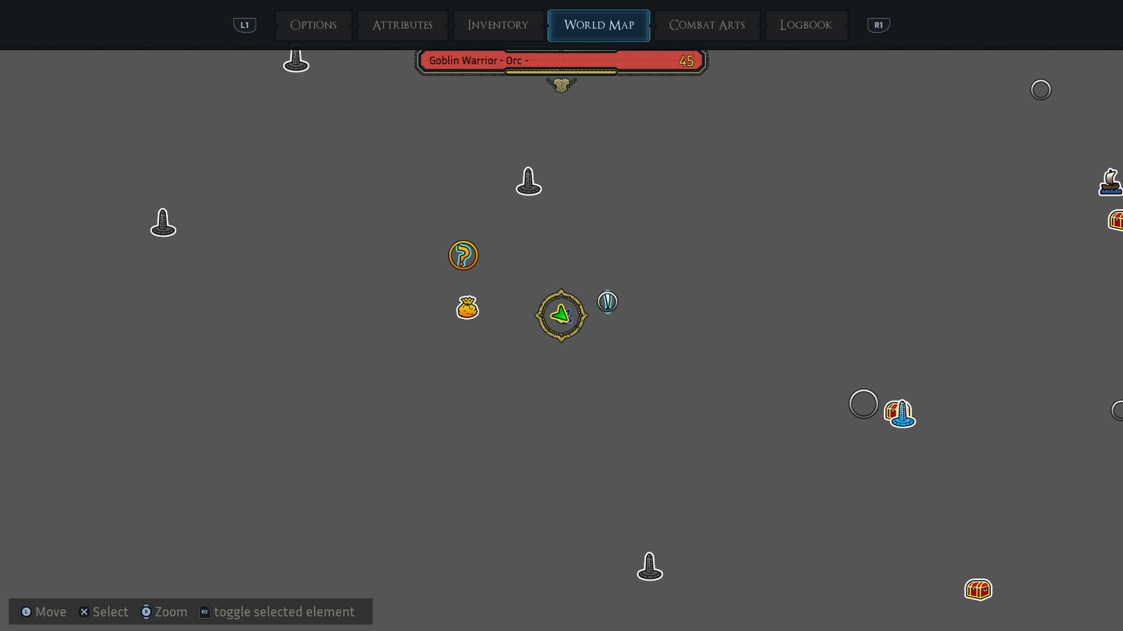 Bugittava karttanäkymä Sacred 2 Remasterissa Karttakuva, jossa maaston sijaan näkyy pelkkää harmaata, ja tyhjällä pohjalla on muutama ikoni kuvastaa maamerkkejä