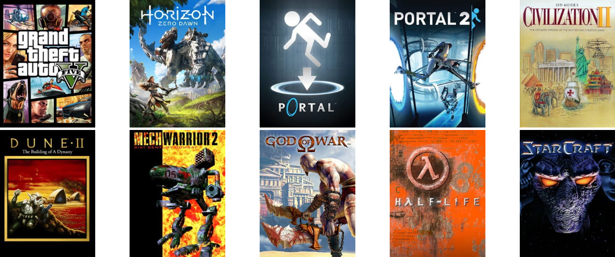 Pelikansia: Grand Theft Auto V, Horizon Zero Dawn, Portal ja Portal 2, Civilization II, Dune II, Mechwarrior 2, God of War, Half-life, Starcraft