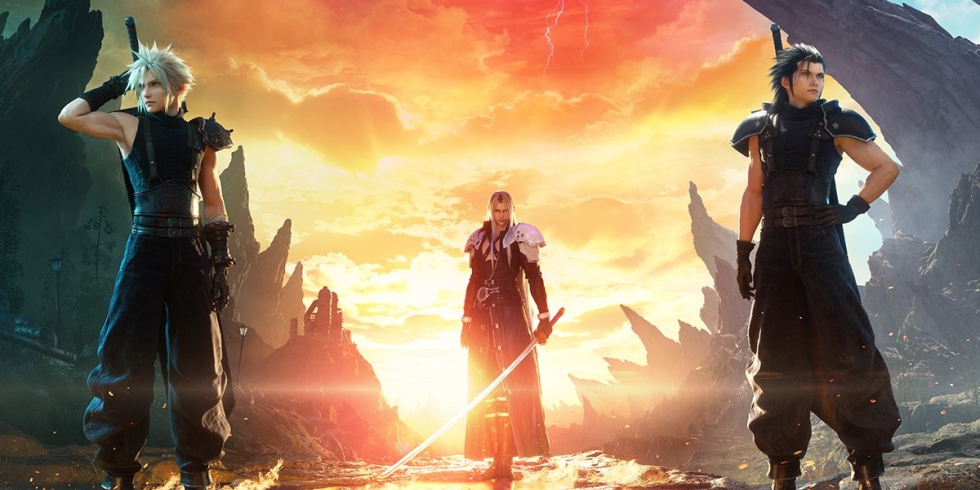 Final Fantasy VII Rebirth kansikuva, jossa Cloud, Sephiroth ja Zack seisovat jäisen maiseman edessä. Taustalla näkyvä auringonlasku sekoittuu liekkeihin.