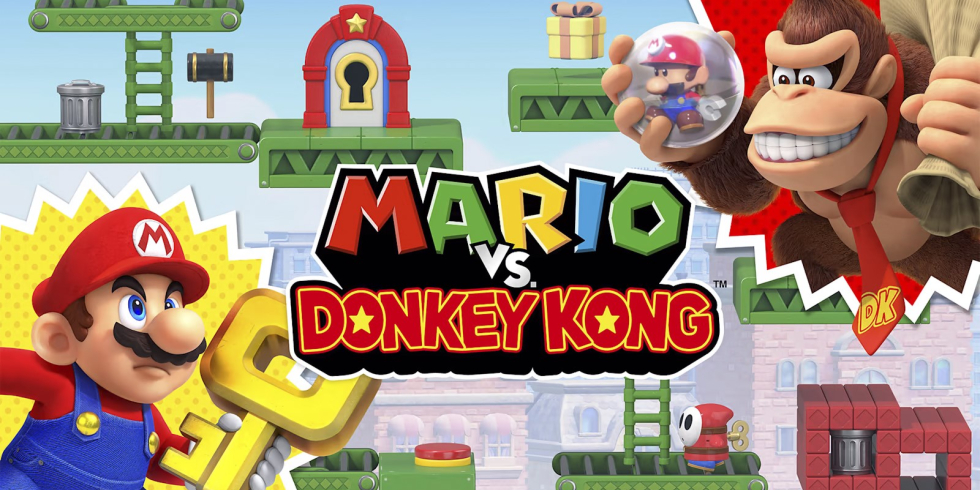 Mario vs. Donkey Kong kansikuva, jossa punasinisessä puvussa Mario alavasemmalla ja suuri gorilla Donkey Kong oikeassa yläkulmassa