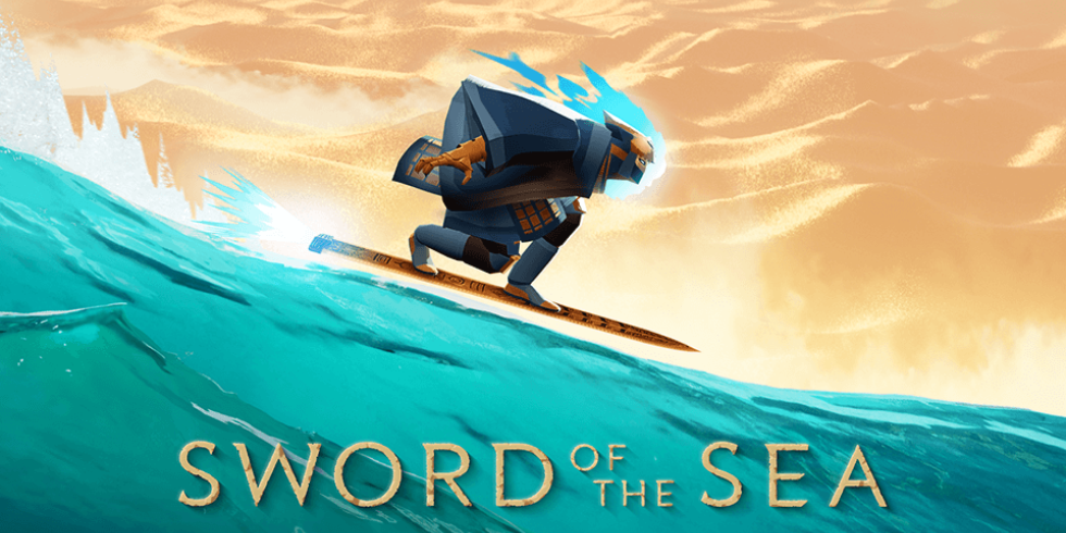 Sword of the Sea -pelin kansikuva, jossa matkalainen surffaa miekalla autiomaan halki.