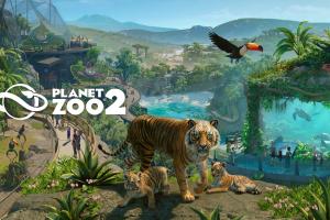 Planet Zoo 2:n nostokuva, jossa tiikeri katsoo kameraan ja tukaani lentää sen yläpuolella. Taustalla viidakkoa ja akvaario, jossa kilpikonnia