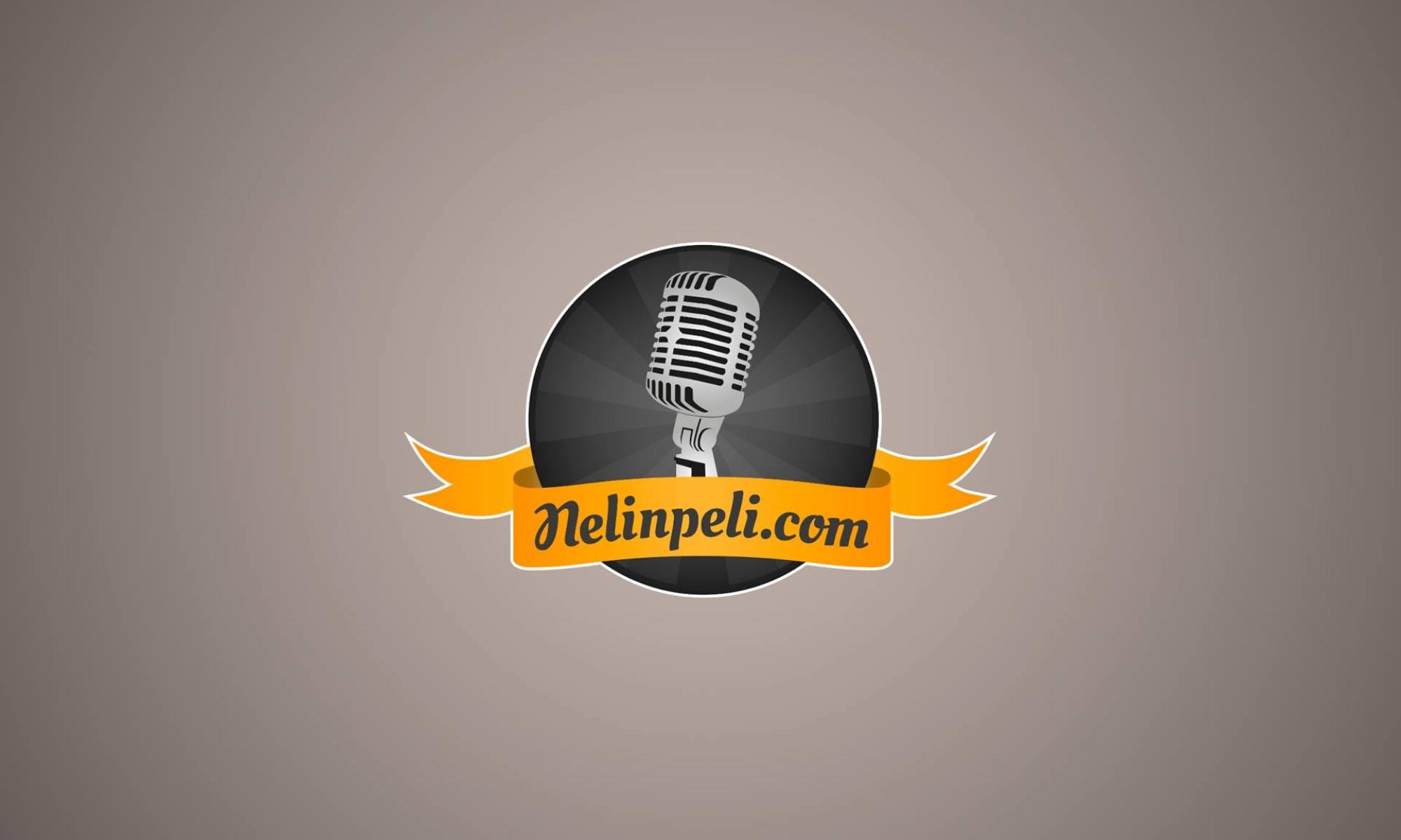 Nelinpelin logo, mikrofoni ja osoite nelinpeli.com tyyliteltynä
