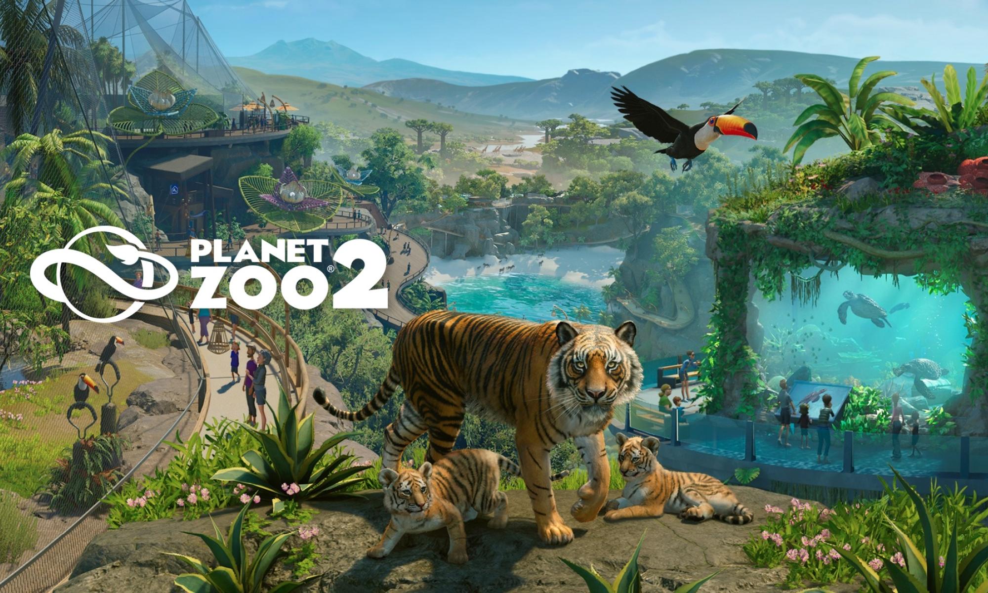 Planet Zoo 2:n nostokuva, jossa tiikeri katsoo kameraan ja tukaani lentää sen yläpuolella. Taustalla viidakkoa ja akvaario, jossa kilpikonnia