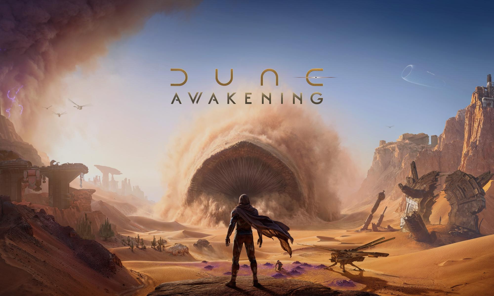 Dune: Awakening -pelin otsikkokuva. Ihmishahmo katsoo taustalta lähestyvää hiekkamatoa