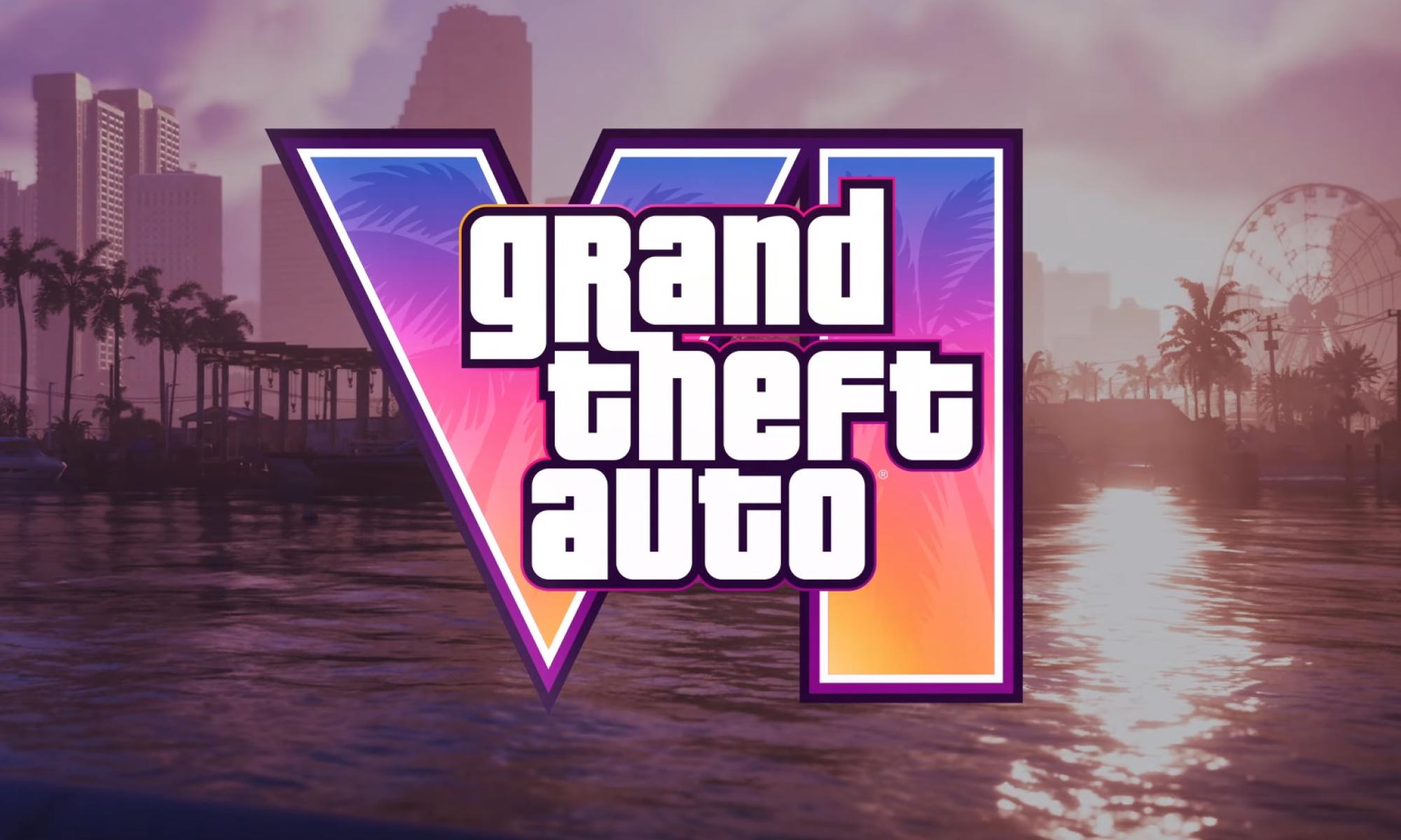 GTA VI, Grand Theft Auto VI, logo aurinkoista maisemaa vasten