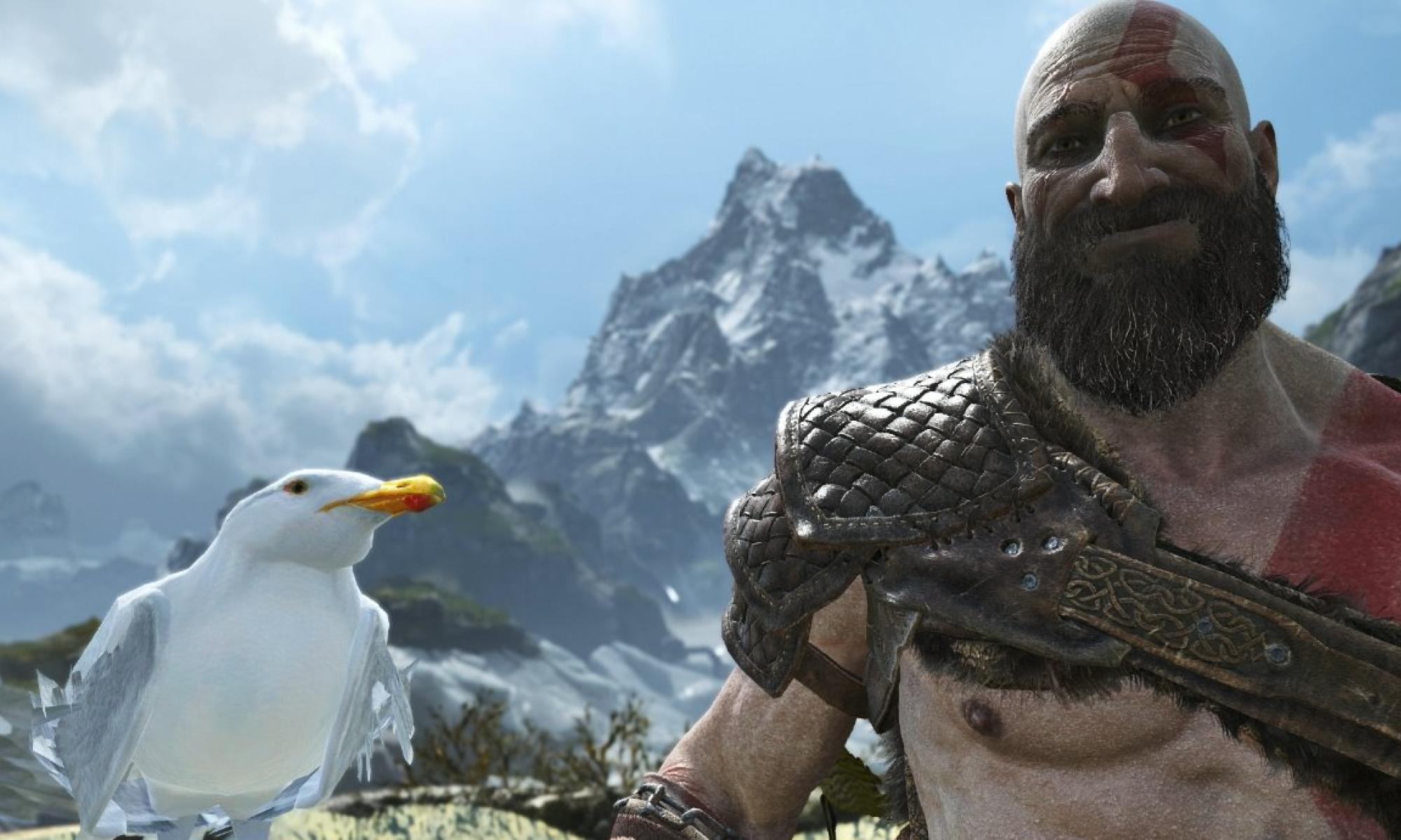 Lokki ja Kratos iloisena God of War photo mode valokuvausmoodi