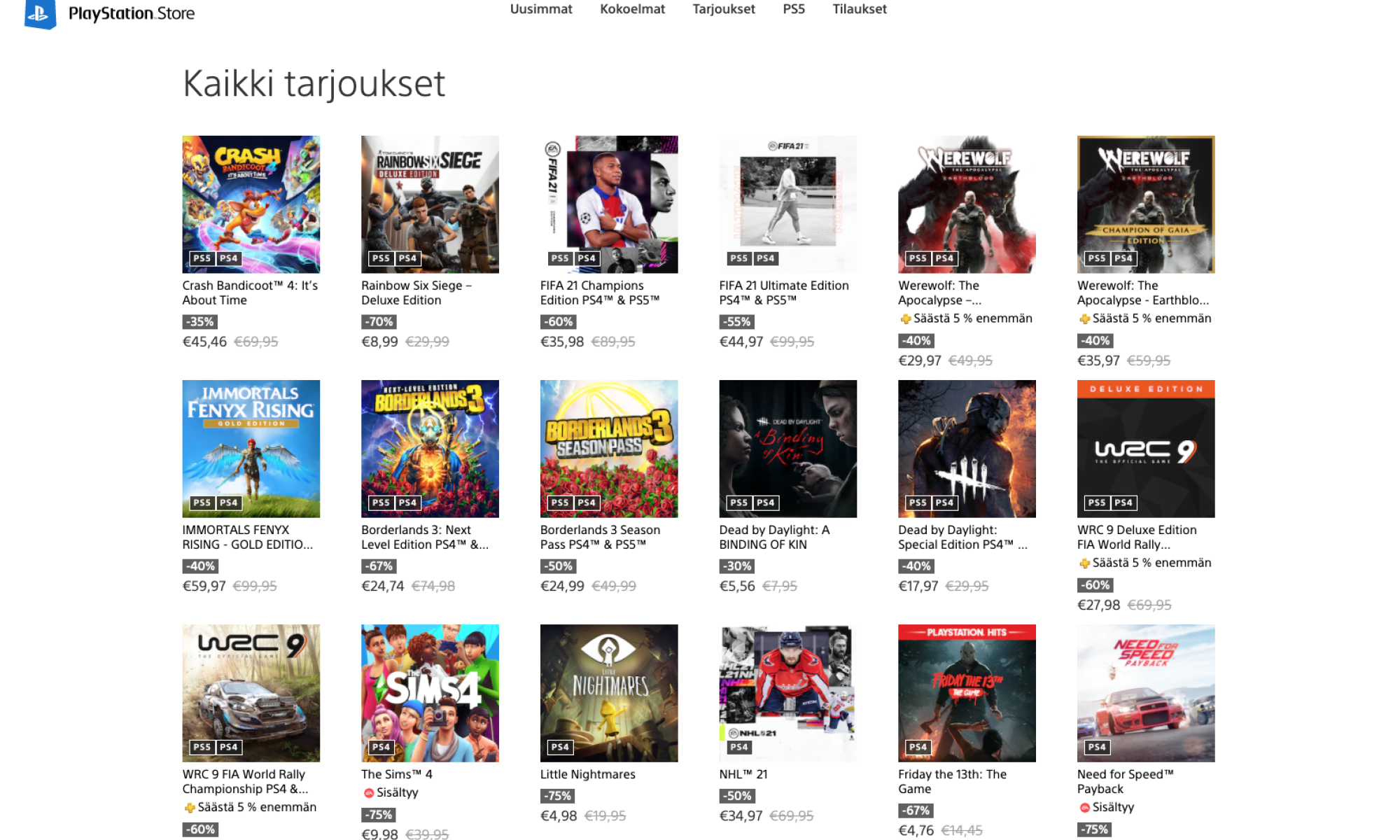 Screenshot Playstationin kaupan tarjouslistasta