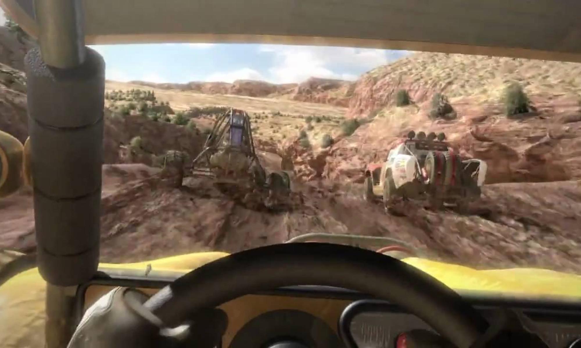 MotorStorm, ohjaamonäkymässä mutaa ja vihollisia