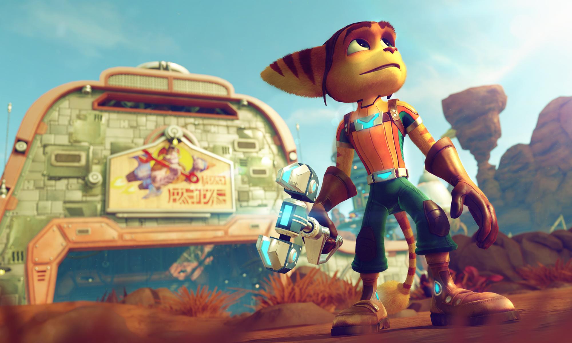 Ratchet seisoo työpajansa edessä (Ratchet & Clank PS4)