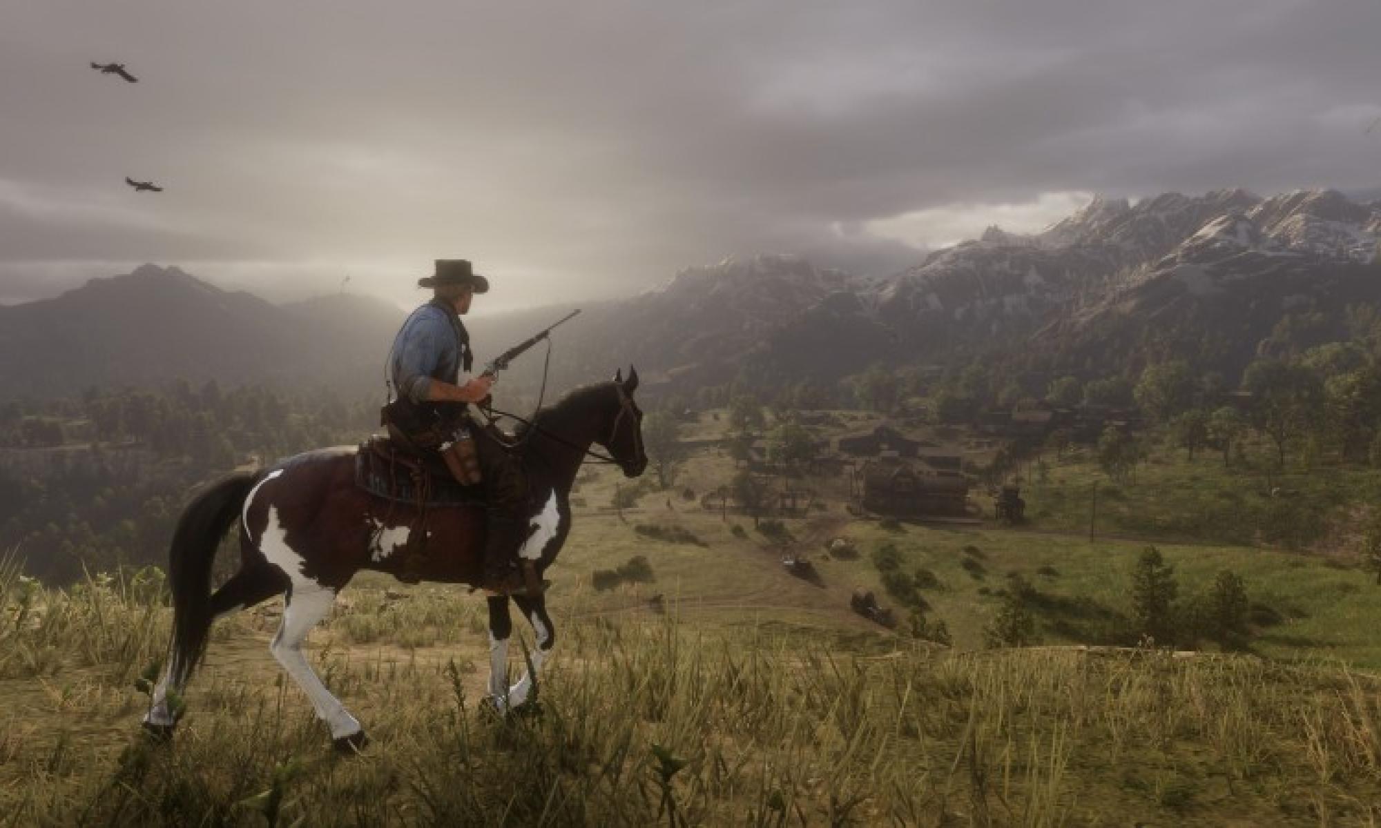 Red Dead Redemption 2 hevosen selässä ja pyssy kourassa