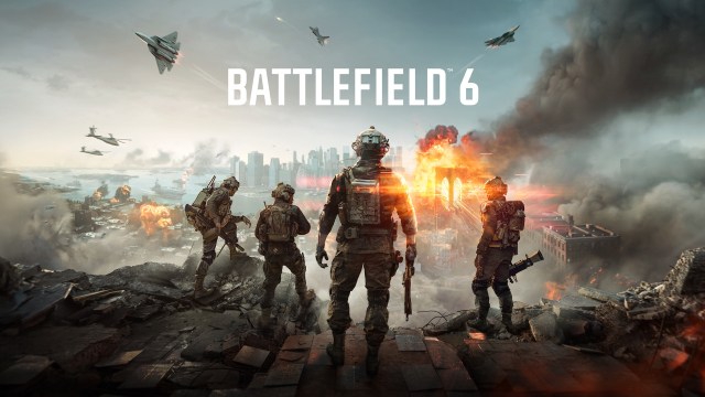 Battlefield 6 -pelin kansikuva, jossa neljä sotilasta katsoo mäeltä suurta taistelukenttää.