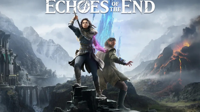Kansitaidetta pelistä Echoes of the End, jossa päähenkilöt, nuori nainen ja hänen veljensä, poseeraavat kauniin fantasiamaiseman edessä.