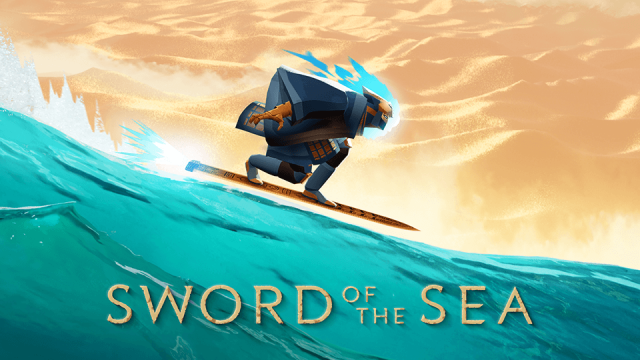 Sword of the Sea -pelin kansikuva, jossa matkalainen surffaa miekalla autiomaan halki.