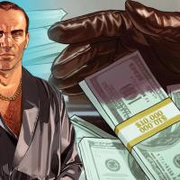 Grand Theft Auto -henkinen kuva, jossa näkyy kriminaalin oloinen herra sekä tämän vieressä sadan dollarin seteleitä käärittynä kymppitonnin nippuihini