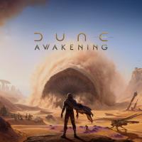 Dune: Awakening -pelin otsikkokuva. Ihmishahmo katsoo taustalta lähestyvää hiekkamatoa