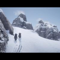 Red Dead Redemption 2 - Kaksi ratsastajaa lumisella vuorenrinteellä