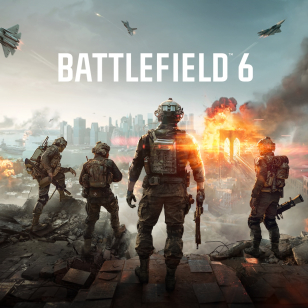 Battlefield 6 -pelin kansikuva, jossa neljä sotilasta katsoo mäeltä suurta taistelukenttää.