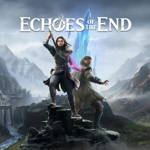 Kansitaidetta pelistä Echoes of the End, jossa päähenkilöt, nuori nainen ja hänen veljensä, poseeraavat kauniin fantasiamaiseman edessä.