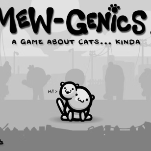 Mewgenics pelin kansikuva, jossa kaksipäisen mutanttikissan toinen pää iloisesti tervehtii katsojaa.