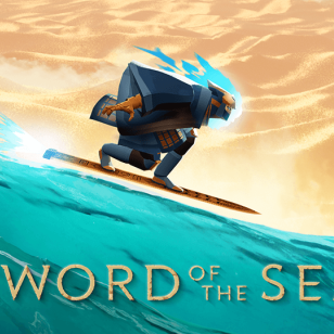 Sword of the Sea -pelin kansikuva, jossa matkalainen surffaa miekalla autiomaan halki.
