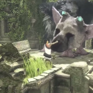 Nimetön päähenkilö paijailee lemmikkipetoaan (The Last Guardian)