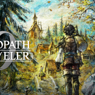 Octopath Traveler 0 kansikuva, jossa hahmo seisoo selin katsojaan ja katsoo kaunista metsämaisemaa keskipäivällä