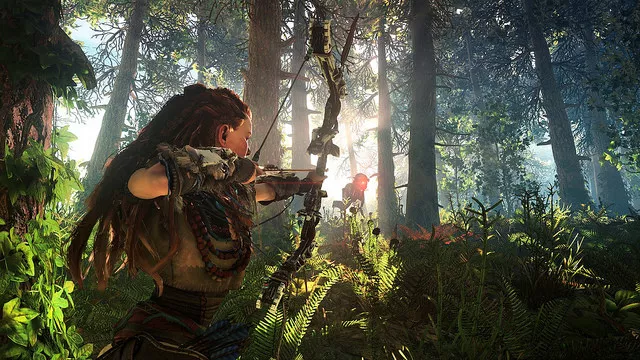 Aloy ampumassa jousella (Horizon: Zero Dawn)