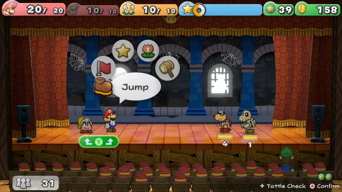 Paper Mario: The Thousand-Year Door taistelua ja tuttu yleisössä