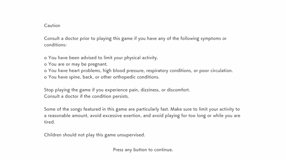 Fitness Boxing 3, a caution text that advises the user, Switch 2