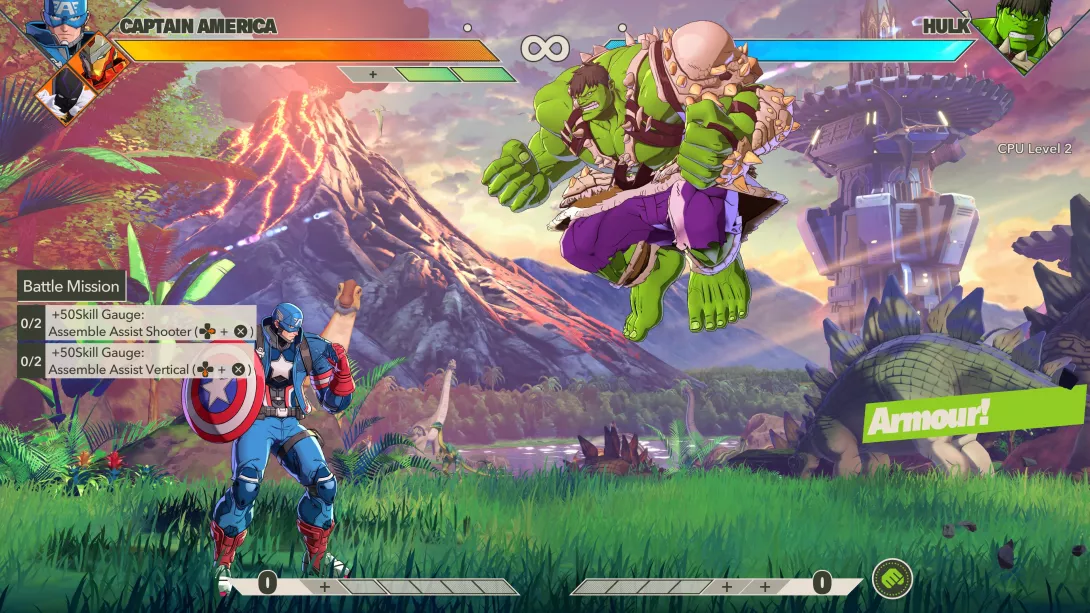 MARVEL Tōkon: Fighting Souls_Hulk hyökkää Kapteeni Amerikan kimppuun vehreissä maisemissa