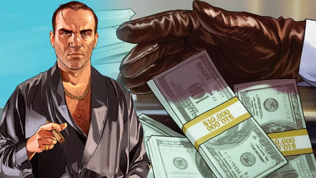 Grand Theft Auto -henkinen kuva, jossa näkyy kriminaalin oloinen herra sekä tämän vieressä sadan dollarin seteleitä käärittynä kymppitonnin nippuihini