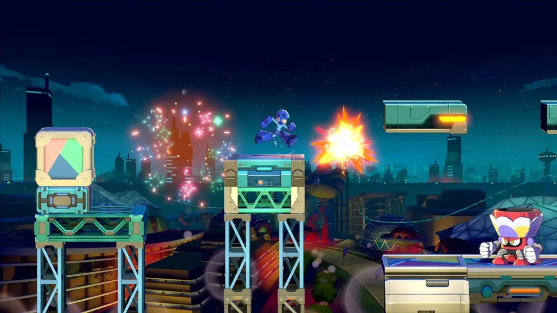 Mega Man hyppii vihollisia karkuun kun ilotulitus pauhaa taustalla