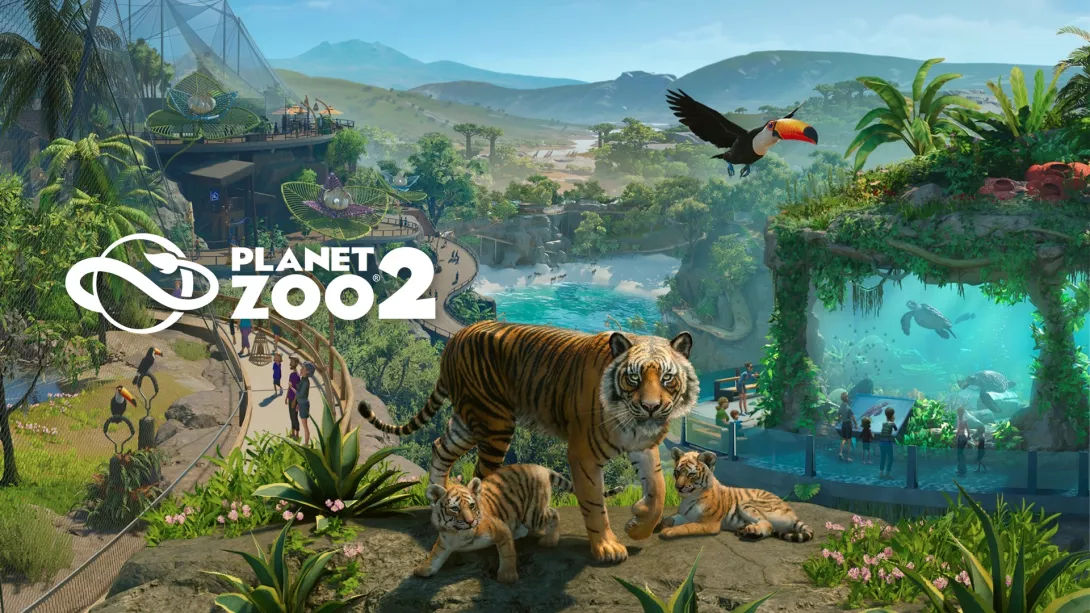 Planet Zoo 2:n nostokuva, jossa tiikeri katsoo kameraan ja tukaani lentää sen yläpuolella. Taustalla viidakkoa ja akvaario, jossa kilpikonnia