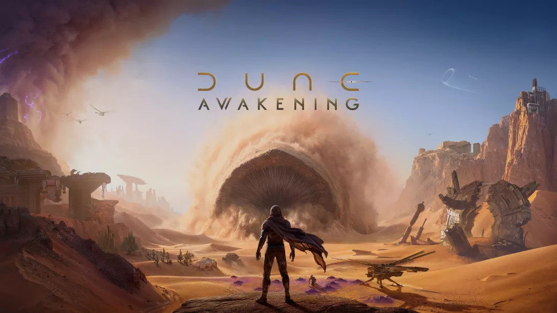 Dune: Awakening -pelin otsikkokuva. Ihmishahmo katsoo taustalta lähestyvää hiekkamatoa