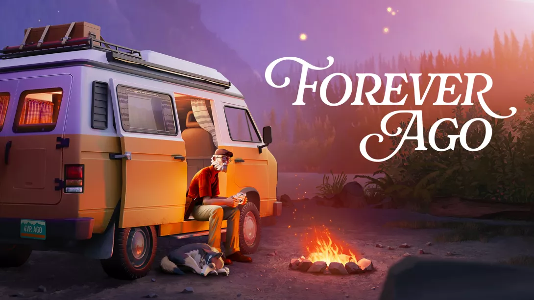 Forever Ago -pelin otsikkokuva. Vanha herra istuu matkailuauton oven suussa