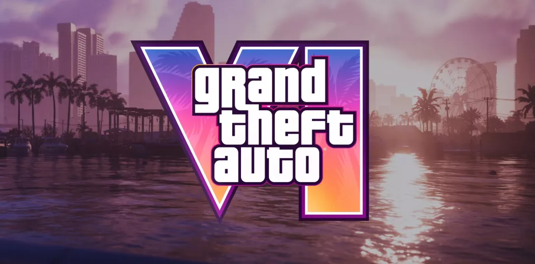 GTA VI, Grand Theft Auto VI, logo aurinkoista maisemaa vasten
