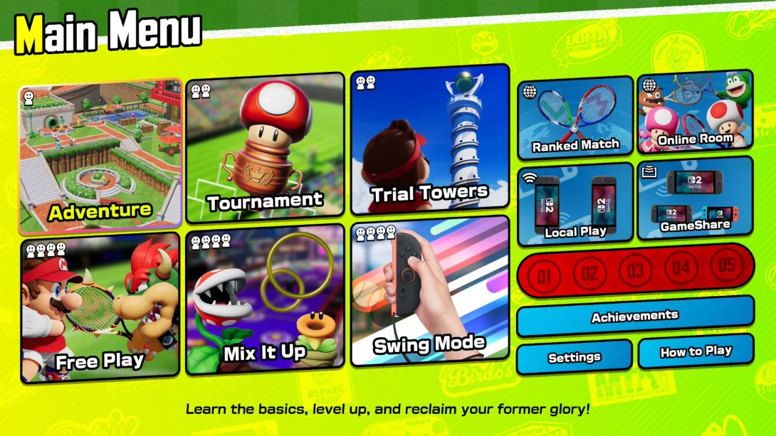 Mario Tennis Fever päävalikko ja moodit