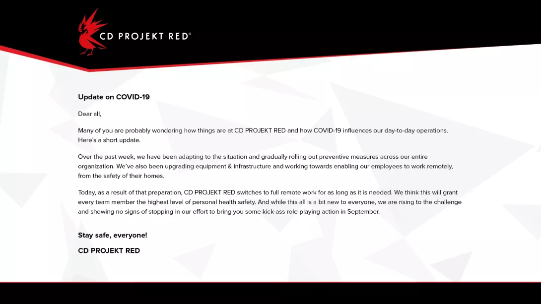 CD Projekt Redin tiedote etätöistä koronaviruksen aikaan