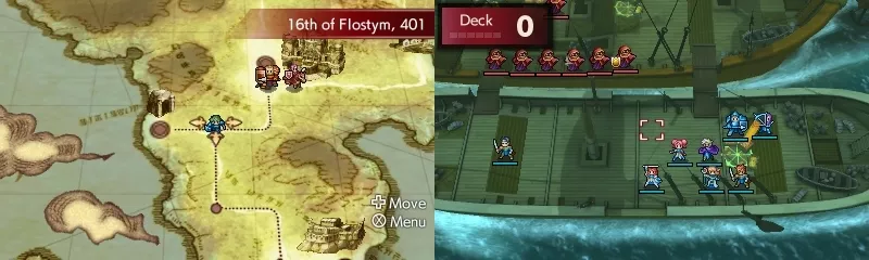 Fire Emblem Echoes Shadows of Valentia kartta ja taisto laivalla