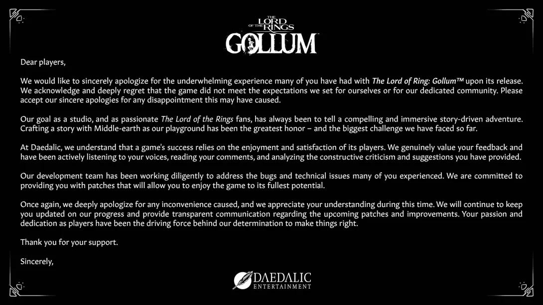 The Lord of the Rings Gollum: anteeksipyyntö